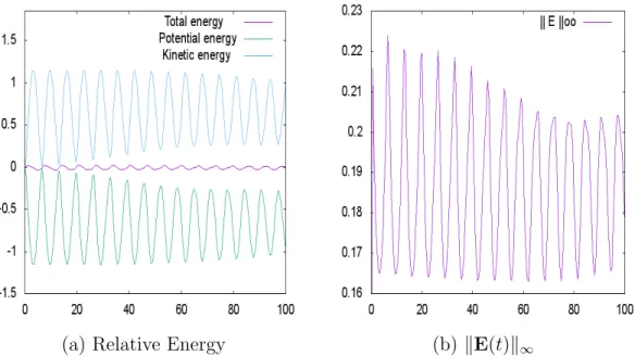 Figure 3. Diocotron instability ε = 1. Time evolution of (a) relative energy E (t) − E (0) with respect to the initial one and (b) kE(t)k ∞ 