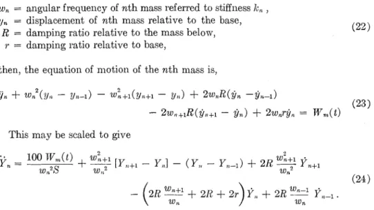 Figure  8  sho~vs  the computer circuit  for the nth cell satisfying equation (24). As  in the single degree of  freedom  case, bursts of  acceleration  W,(t)  of  equal spectral  density and of  25 seconds duration were fed into this  circuit for various 