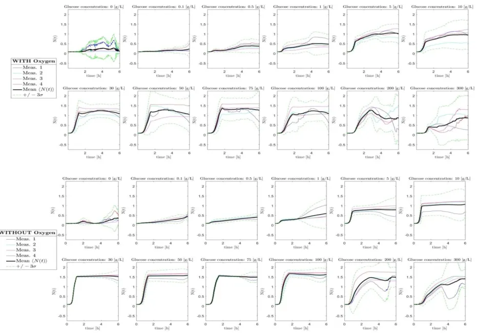 Fig. 1. Raw data of yeast growth in presence (A) and in weak oxygen content (B), with 4 replica for each concentration of glucose