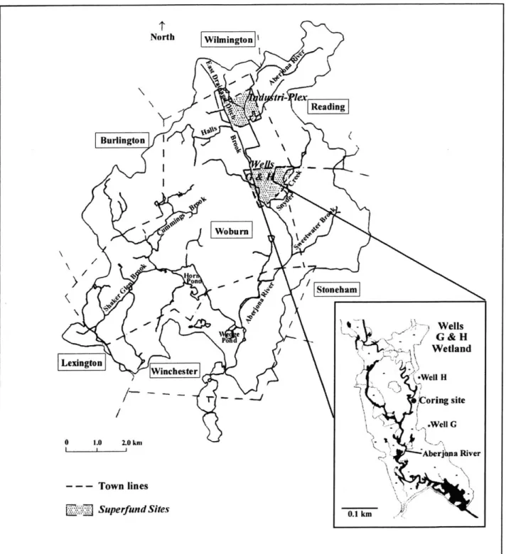 Figure 1.  Map of the Aberjona  Watershed,  including the locations of the  two Superfund  Sites (Wells G &amp; H wetland  and  Industri-Plex)
