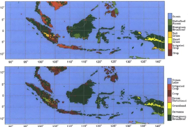 Figure  2-1.  Model  domain  showing the  land  use classification (top) from GLCC  used  for BATS1e and  (bottom) from  Ramankutty  (1999)  used  for IBIS.