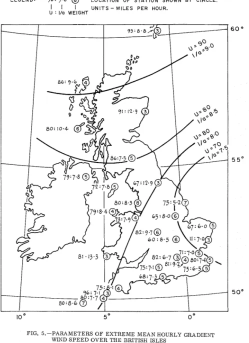 FIG.  5.-PARAMETERS  O F  EXTREME  MEAN HOURLY  GRADIENT  WIND  S P E E D  OVER  TIlE  BRITISH  ISLES 