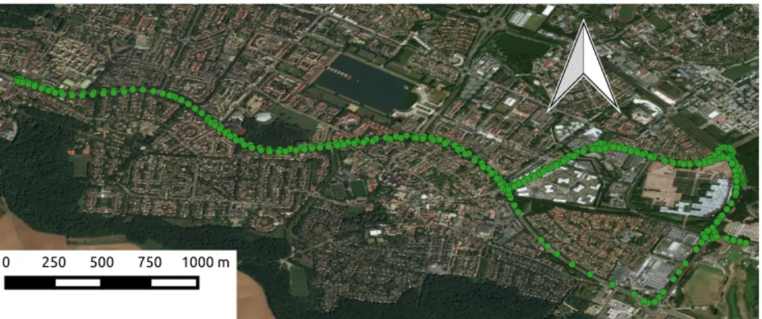 Figure 9: Generation of the test dataset in Guyancourt. Each green point indicates a location where a manually labelled LIDAR scan was recorded.