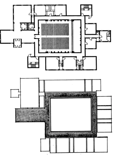 Fig.  10  Kahn's form  diagrams for the First Unitarian Church  and  a comparison  with a diagram  showing  the  relationship  of  the elements  of cloister,  major space  and