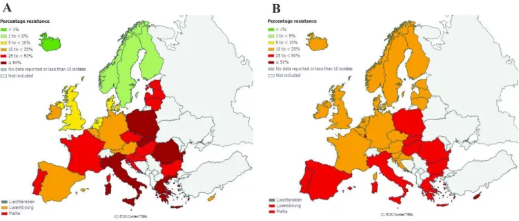 Figure  12.  Proportion  de  souches  de  K.  pneumoniae  (A)  et  E.  coli  (B)  résistantes  aux  fluoroquinolones isolées dans les infections invasives en 2013 en Europe (42)