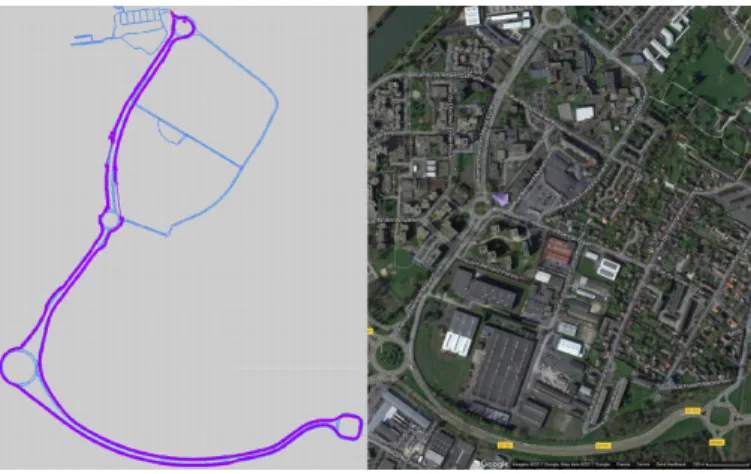 Figure 8. Left: test GNSS trace (in purple) over the lane map (in blue). This 4-km route is representative of a peri-urban trip (2-lane roadways, presence of buildings in certain areas as well as open-sky conditions in others)