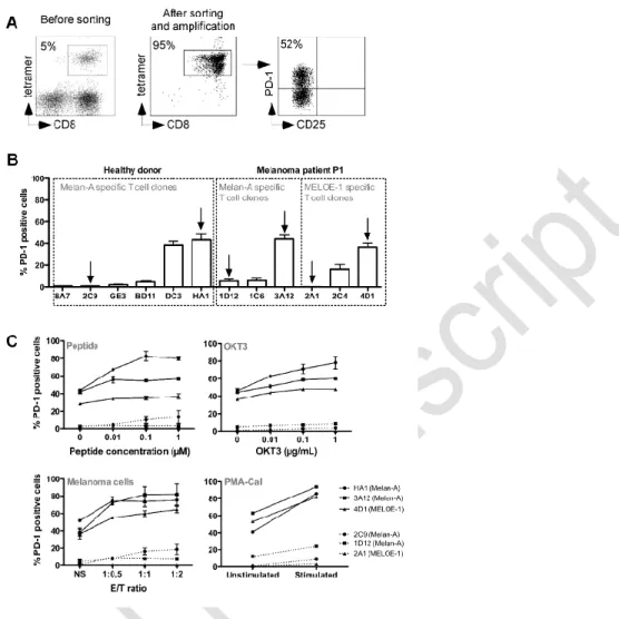 Figure  1:  PD-1  expression  on  melanoma  specific  T  cells  clones.  (A)  :  Example  of  specificity  and PD-1 expression on Melan-A specific T cells
