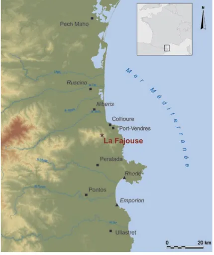 Fig. 2 – Localisation du site de la Fajouse (en jaune)  et des principales agglomérations pré-romaines et romaines (carte   :  Google Earth  ; DAO  : I.  Dunyach).