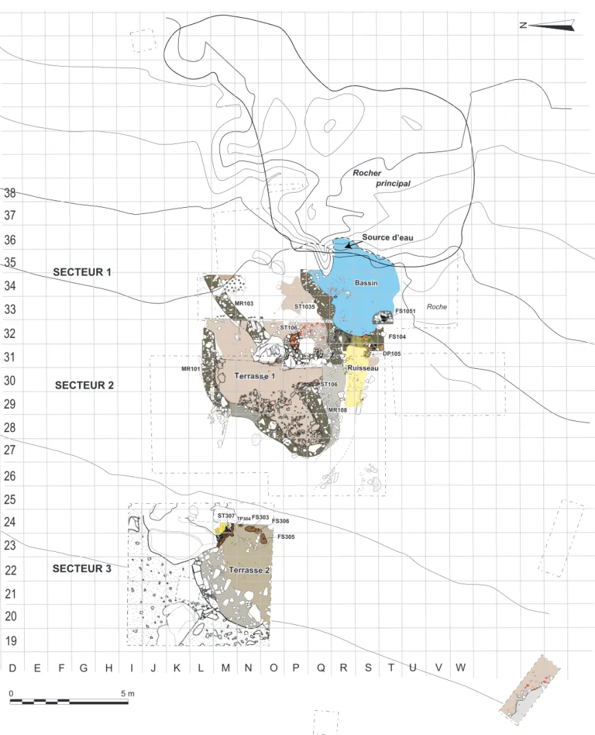 Fig. 5 – Plan général du site (campagnes de fouilles de 2012, 2013 et 2014) : sanctuaire de source de la Fajouse  (topographie  : Sylvain Durand, SARL-Acter ; DAO : I.  Dunyach).