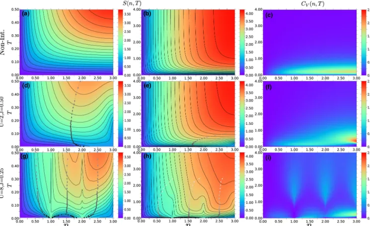 FIG. 2. Contour maps of the entropy per site S(n , T ) and color maps of the specific heat per site C V (n , T ) as a function of filling and temperature