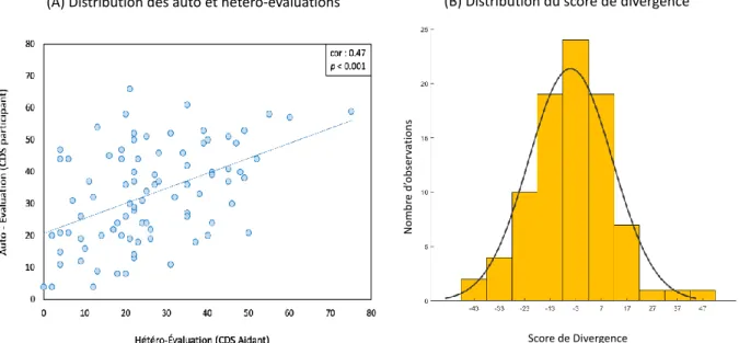 Figure 20 : Distribution des données représentant les auto et hétéro-évaluations (A) ainsi que le score  de divergence (B) 