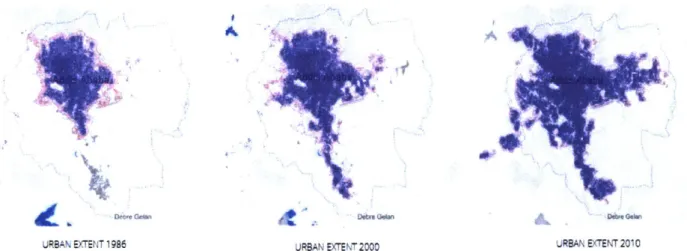 Figure 4. Addis  Ababa's Built up area in  1986,  2000,  and  2010 Source- atlasofurbanexpansion.org Accessed, March,  2018