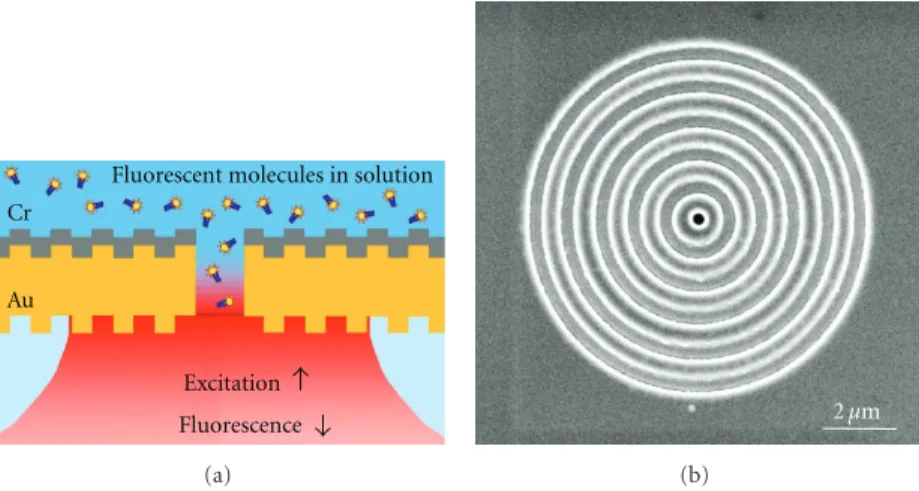 Figure 1: Corrugated aperture antenna used here to illustrate the influence of experimental parameters on the measured fluorescence enhancement factor