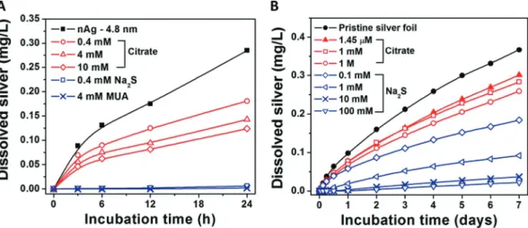 Figure 7. Dissolution from (A) 4.8 nm AgNPs and (B) Ag foil under addition of different surface coating ligands in varying concentrations for 24 h, at RT, in pH = 5.6 acetate buffer