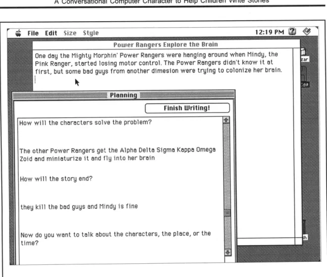 FIGURE  4. While in the writing phase,  users can  review their story  plan. The  story window allows  users to write, and  the  conversation box  remains  open,  displaying what they  talked about in the planning  phase.