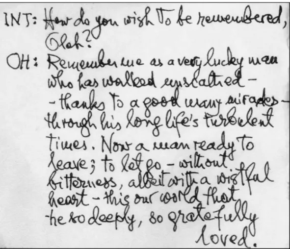 FIG. 5. Photograph of an undated, handwritten note by Dr. Oleh Hornykiewicz (OH) in response to an interviewer (INT) following deliberations as to how he wished to be remembered