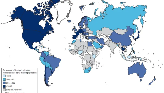 Figure 5 - Prévalence de la maladie rénale traitée dans le monde  Bello AK, JAMA 2017 