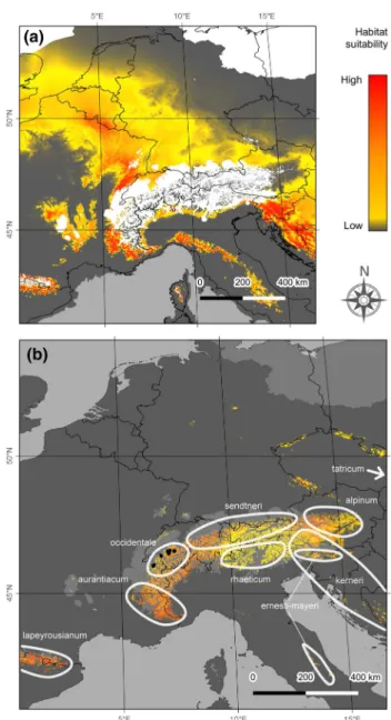 Fig. 1    Habitat suitability and distribution of Papaver occidentale at  the last glacial maximum (a) and at present time (b)