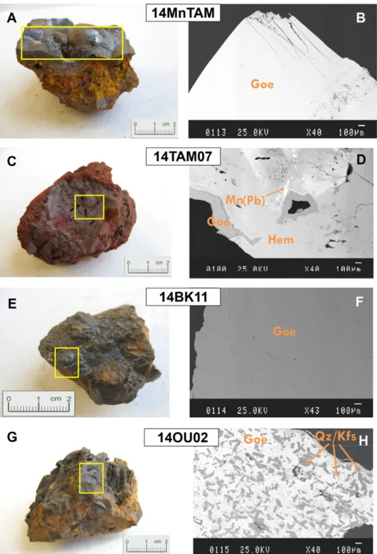 Figure 3. Samples of studied goethite and SEM microphotograph in back-scattered electrons mode, showing the pure  character of supergene goethite of the samples 14MnTAM and 14BK11