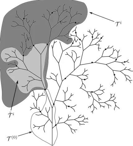 Figure 2. The tree T 0 , T (0) , and a tree T i and its sub-tree ˜ T i belonging to the first generation tree T (1) \ T (0) .