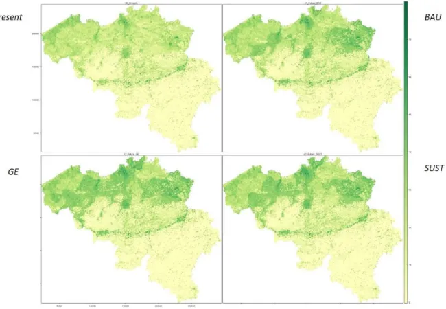 Figure 6. Maps showing the predicted abundance (% cover) of Betula L. across Belgium for present and three  future  land  use  and  climate  change  scenarii  (Business  As  Usual  –  BAU,  Global  Economy  –  GE,  and  Sustainability – SUST)