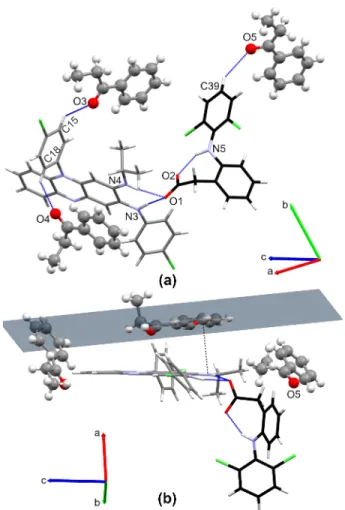 Fig. 7 (a) H-bonds (blue dashed lines) between clofaziminium, diclofenac anion and propiophenone molecules (PPP whose oxygen atom is  la-belled O5 is located on an inversion center) and (b) π-cation interaction (black dashed line) between clofazimine and P