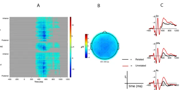 Figure 1.  Results for the Related vs Unrelated contrast in stimulus-locked epochs.  Column  A: raster-plot for the significant t-values in the Unrelated vs