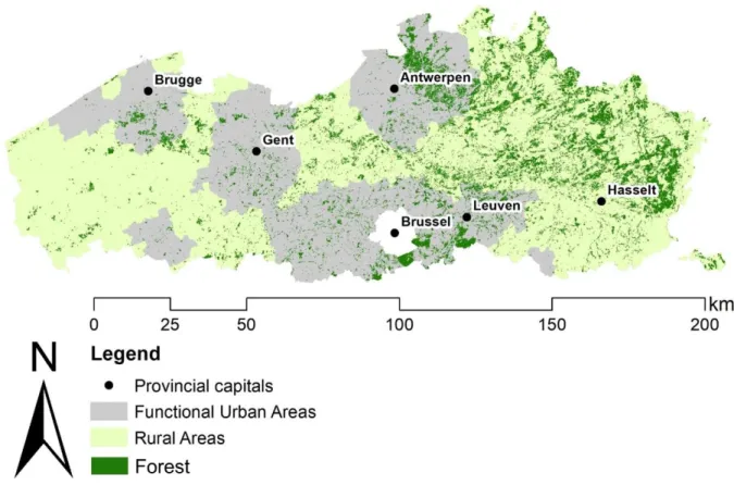 Fig.  1:  Stratification  of  the  Region  of  Flanders  into  functional  urban  areas  and  rural  areas 141 
