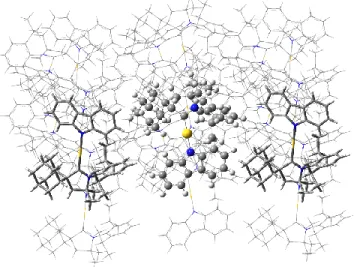 Figure 4. Illustration of a molecular cluster used to simulate the crystal environment where an embedded CMA1 molecule is flanked on  either  side of  a  one-dimensional array  by  anti-aligned  CMA1 dipoles  and  packed  in other dimensions by  neighbouri