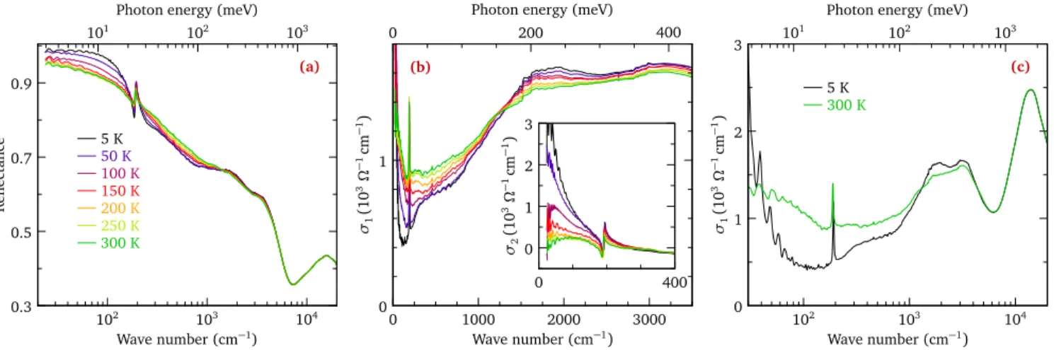 FIG. 2. (a) Reflectance measured at near-normal incidence for light polarized in the ab plane, at several different temperatures