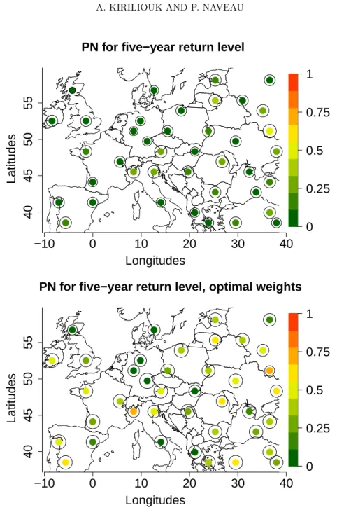 Fig 8: Necessary causation probabilities for a five-year return level of weigh- weigh-ted maximal weekly winter precipitation in the counterfactual world for each cluster, calculated using equal weights (top) and optimal weights (bottom).