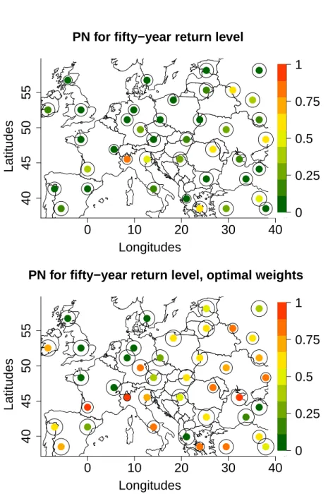 Fig 9: Necessary causation probabilities for a fifty-year return level of weigh- weigh-ted maximal weekly winter precipitation in the counterfactual world for each cluster, calculated using equal weights (top) and optimal weights (bottom).