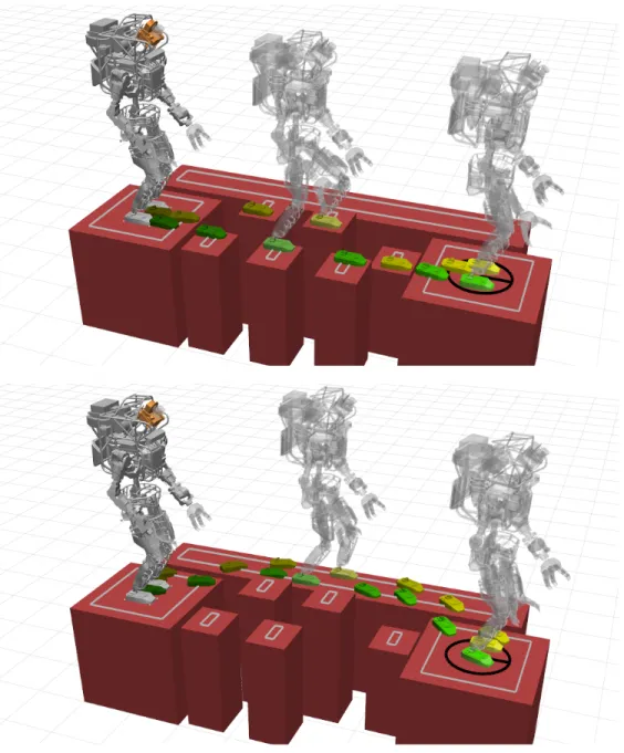 Figure 3-1: Two examples of the output of our MIQCQP footstep planner. Above: An Atlas biped planning footsteps across a set of stepping stones