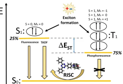 Figure 2. Sketch of the energy levels for the ground state (S 0 ) and lowest excited states (S 1  and T 1 ) of  different multiplicity, involved in the thermally activated delayed fluorescence (TADF) mechanism  after the exciton formation, and the correspo