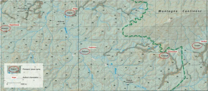 Figure 2 . Extract of the IGN topographical map - available on http://geoportail.gouv.fr - highlighting  the French place names associated with the conquest of inland French Guiana