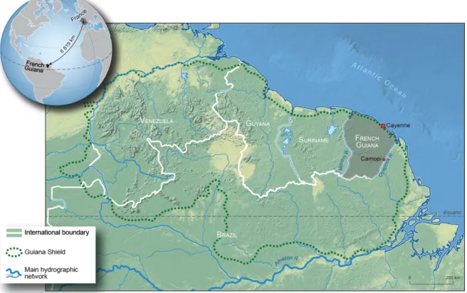 Figure 1.  Situation of French Guiana on the Guiana Shield. Author: O. Pissoat, 2019. 