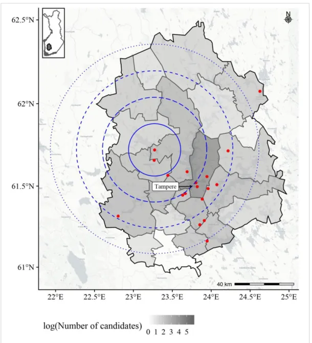 Figure 3: Example of the concentric circles approach used for the calculation of the  Candidate Remoteness Index (CRI)