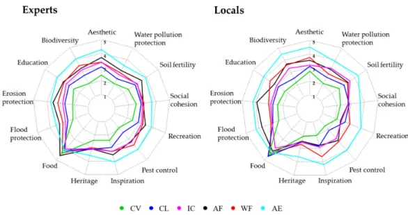 Figure 3. Radar plot of the average perceptions of ES delivery for experts and locals