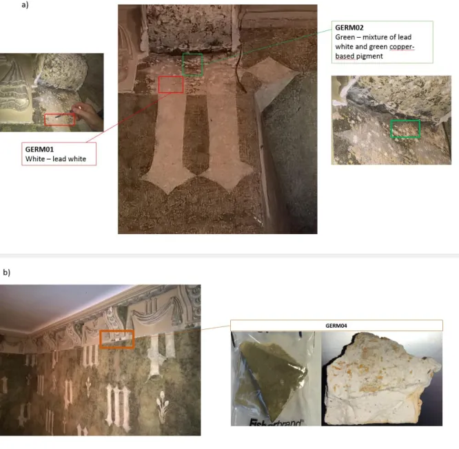 Fig. S2. Sampling in the Château de Germolles. (A) samples GERM01 and GERM02 were  taken directly from the wall painting on an unrestored area (B) GERM04 was taken from one 