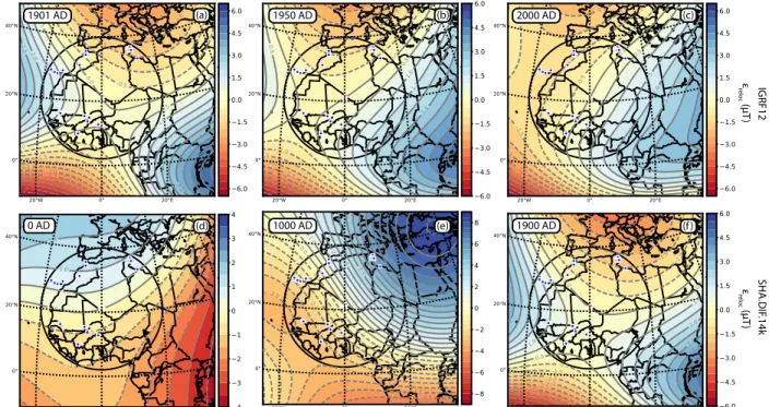 Fig. S4: Maps of the relocation error calculated using the IGRF12 1  (a-c) and the SHA.DIF.14k 2 (d-f) for different time slots