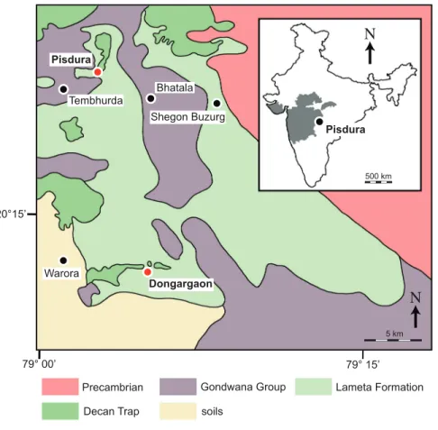 Figure 1 Detailed geological map of outcrops of the Lameta Formation south of Nagpur, Maharashtra, India (modiﬁed after Mohabey, Udhoji &amp; Verma, 1993 and Khosla et al., 2016)