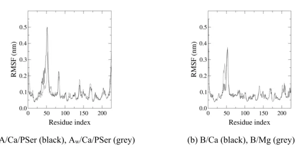 Figure 5. RMSF of the hPSP Ca atoms as calculated from the last 200 ns of MD trajectories at 300 K  and 1 bar