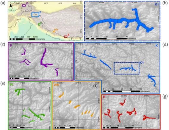 Figure 1. Detailed breakdown of study sites and glacier sampling method. The coloured areas in (c)–