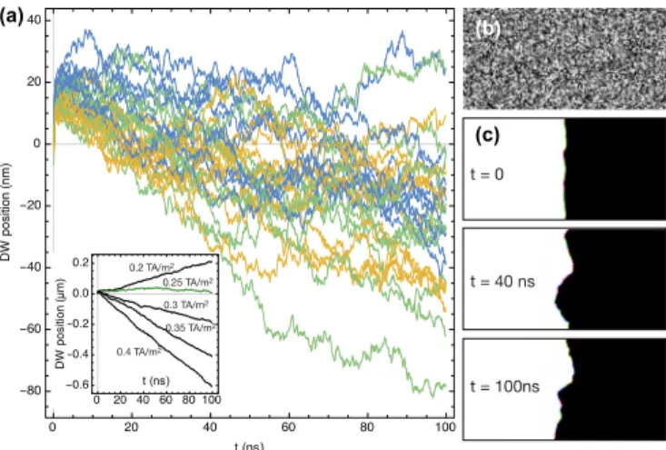 FIG. 5. Micromagnetic simulations of DW propagation in an inhomogeneous film. (a) DW progression for 30 cases with different random grains and different DW initial states, for μ 0 H z = 25 mT and J = 2.5 × 10 11 A/m 2 