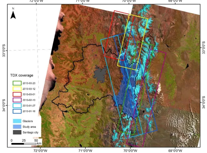 Figure S1. TanDEM-X (TDX) coverage for the Maipo River Basin in 2013. Background image from USGS Landsat 8  satellite data from February 26, 2014