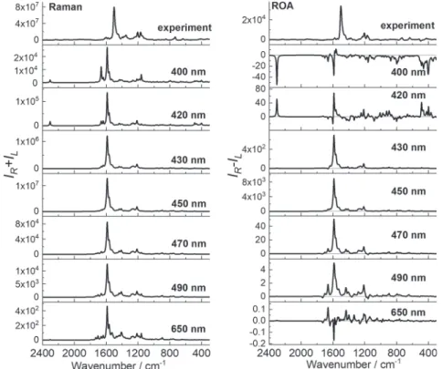 Figure 3. Comparison of experimental and calculated pre-resonance Raman and ROA spectra of CNCbl calculated at the CAM-B3LYP/6-31G(d)/
