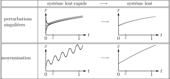 Figure 1.17 – La théorie des perturbations consiste à éliminer les effets à court terme, t ∼ ε, qu’ils soient asymptotiquement stables ou oscillants, afin de ne conserver que les effets à long terme, t ∼ 1 (0 &lt; ε  1).