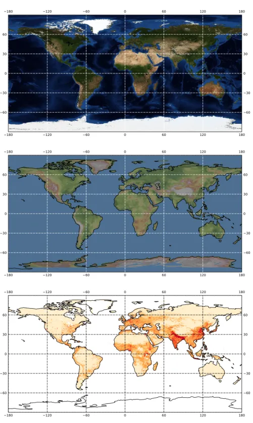 Figure 8.13 – Utilisation de serveurs de tuiles avec cartopy. De haut en bas : Blue Marble, ASTER GDEM, Densité de population 2020.