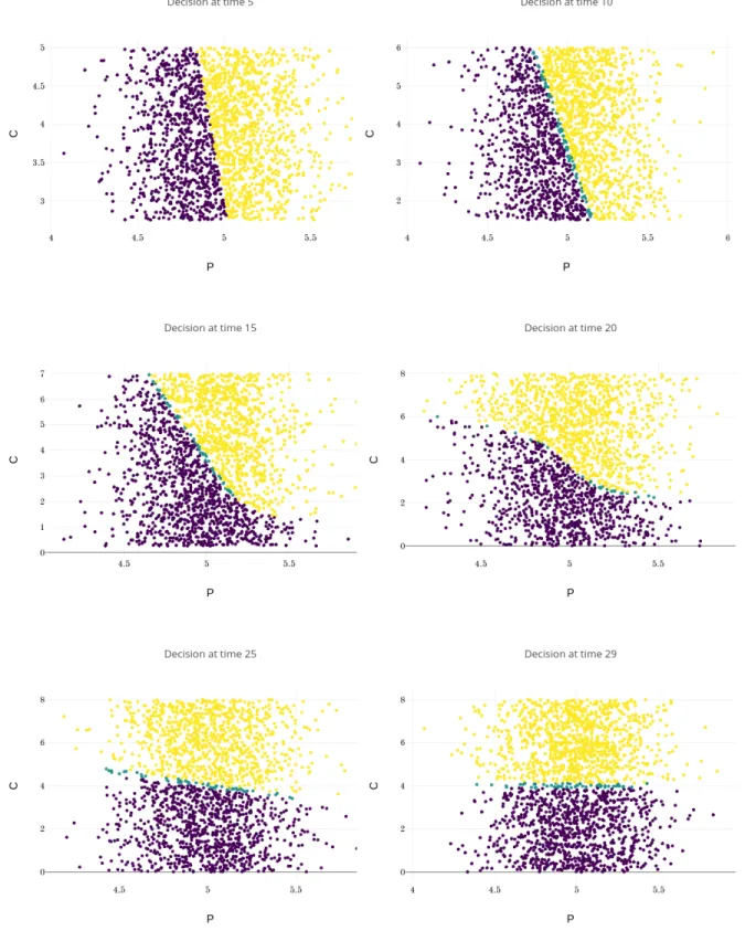 Figure 10: Estimated optimal decisions at times 5, 10, 15, 20, 25, 29 w.r.t. (P,C) for the energy storage valuation problem using ClassifPI