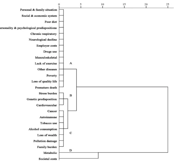 Figure 2. A dendrogram from the hierarchical clusters analysis displays coverage relationship among  four clusters of framing NCDs